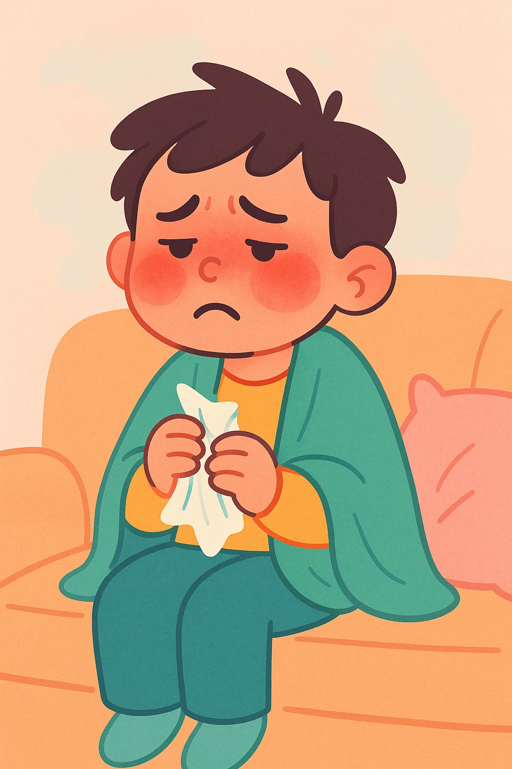 a sick child with flushed cheeks, holding a tissue, sitting on a couch, pastel illustration emoji