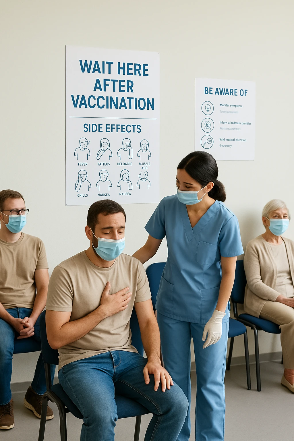 a group of people in a waiting area after vaccination, with one person looking slightly uncomfortable or dizzy. A nurse is nearby, ready to assist, and informational materials about possible side effects are visible on the wall. The mood is calm and responsible, emphasizing monitoring and care. in italiano emoji