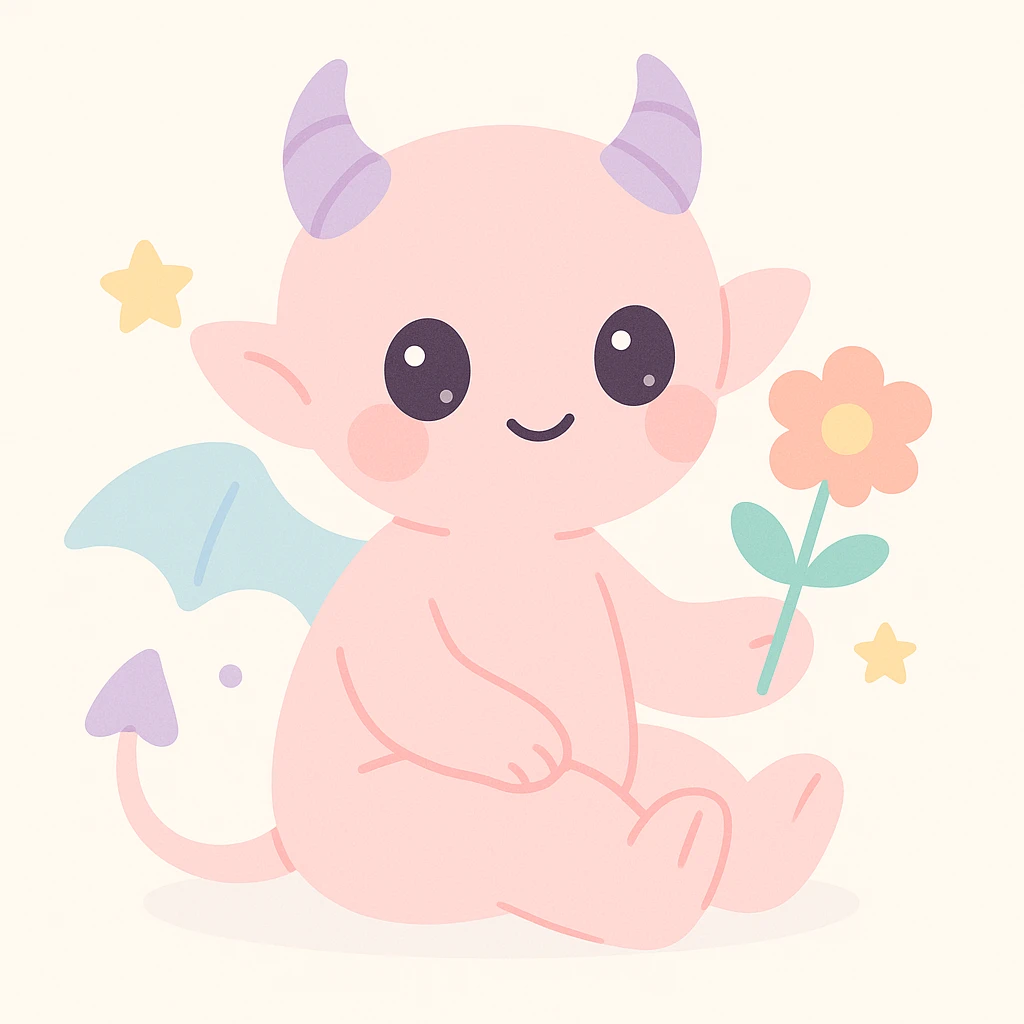 a gentle imp holding a flower, sitting peacefully, soft lighting, friendly vibe, calm and serene emoji