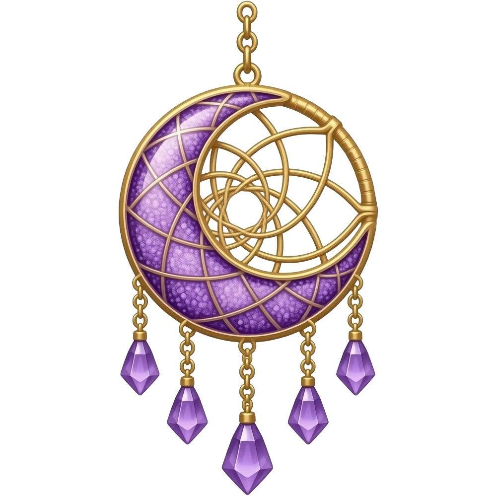 Aesthetic shiny sparkly violet crescent hanging from gold chain dreamcatcher-suncatcher hanging lilac crystals decoration emoji