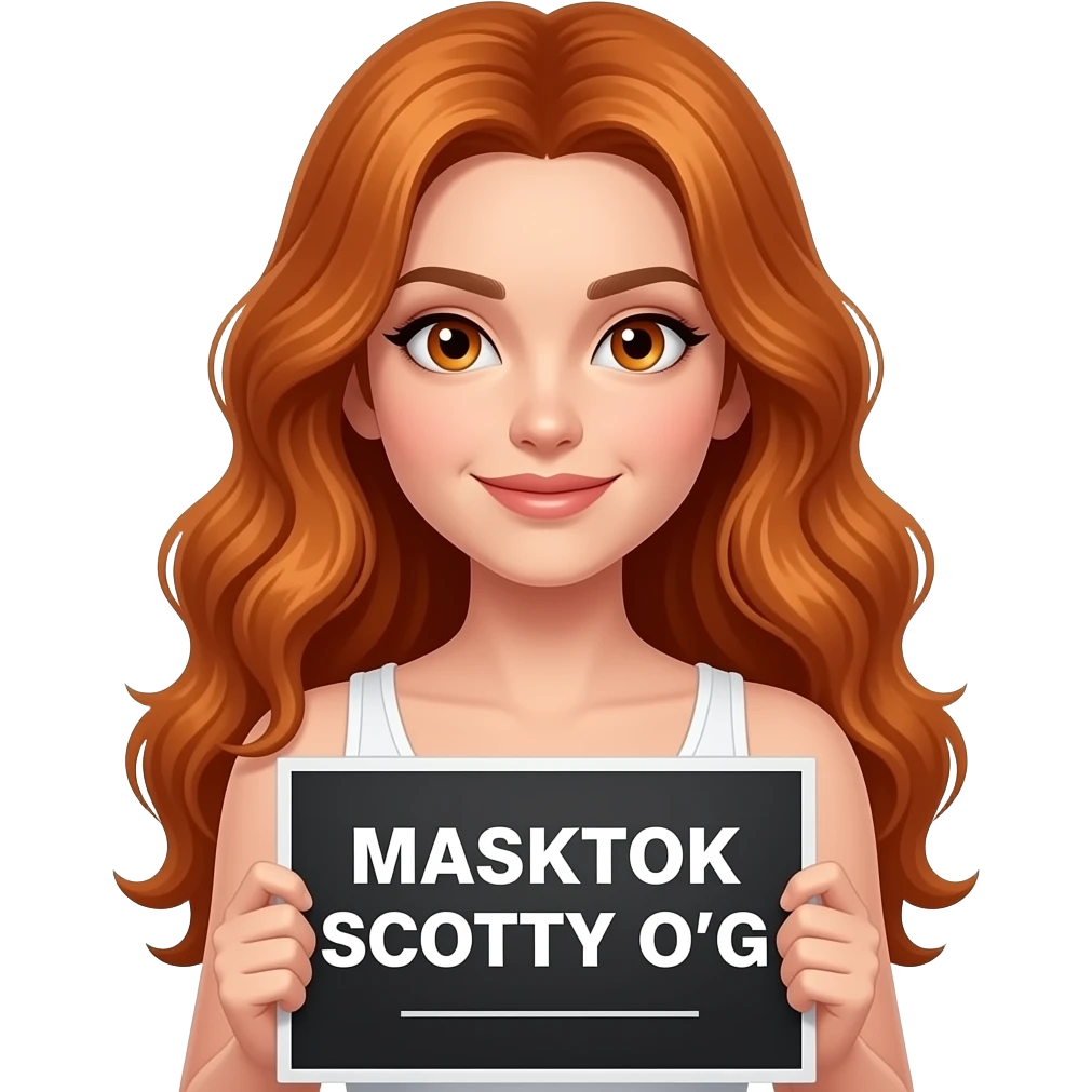 sexy girl with long wavy ginger hair and ginger eyes wearing a white tanktop is holding a black colored sign with MASKTOK SCOTTY O'G written on it emoji