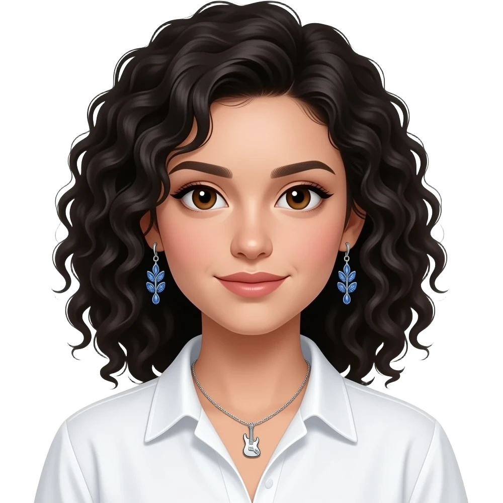curly black haired 21 year old girl with dark brown wide almond eyes, a soft greek nose, oval face with strong chin and jawline. accessories : sparkling blue herbarium studd earrings by pandora, and electric guitar silver necklace. wearing white shirt. in the style of IOS emojis emoji