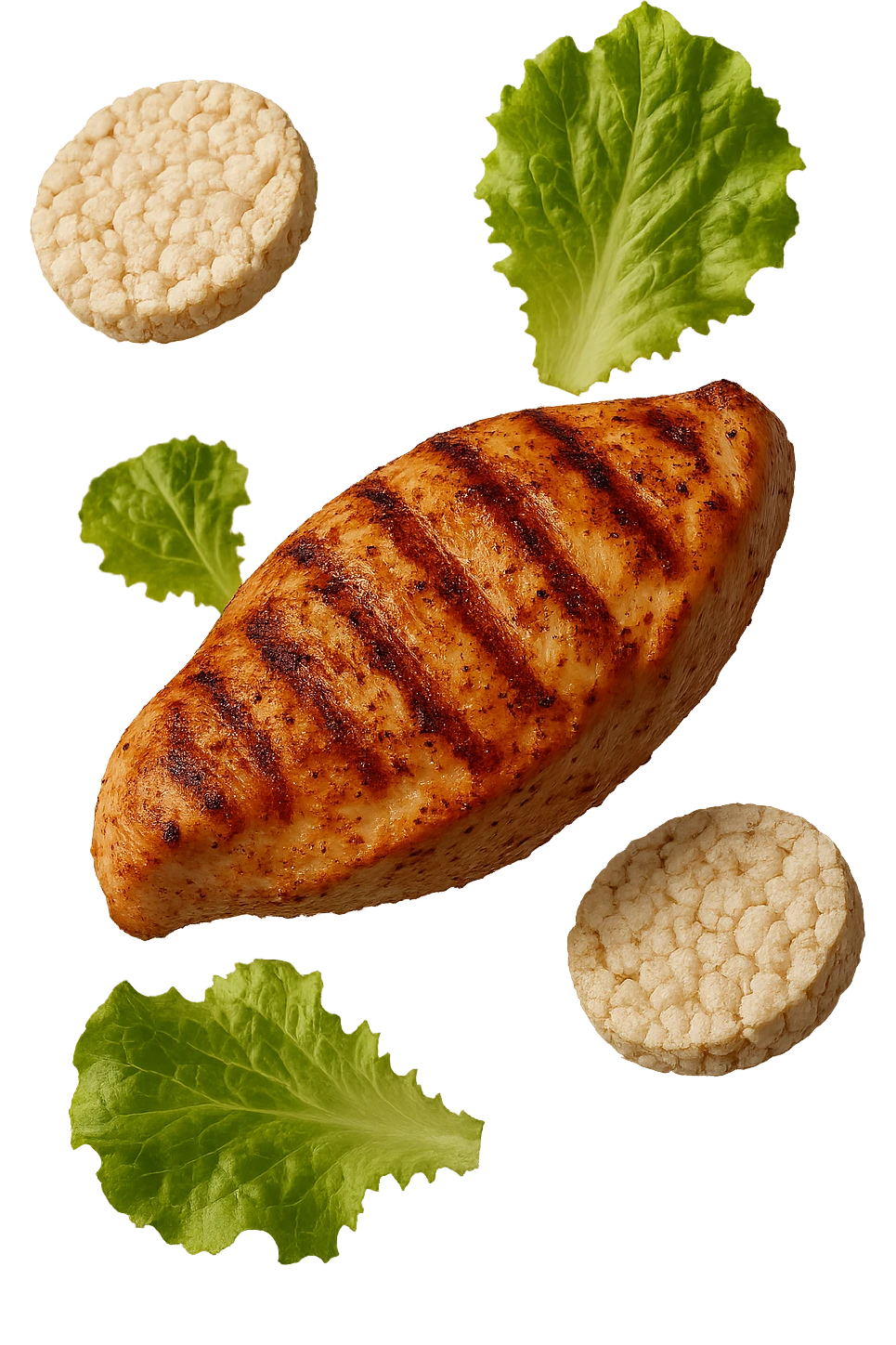 petto di pollo grigliato fluttua in aria insieme a gallette di riso e foglie di insalata, iperrealistico 4k emoji