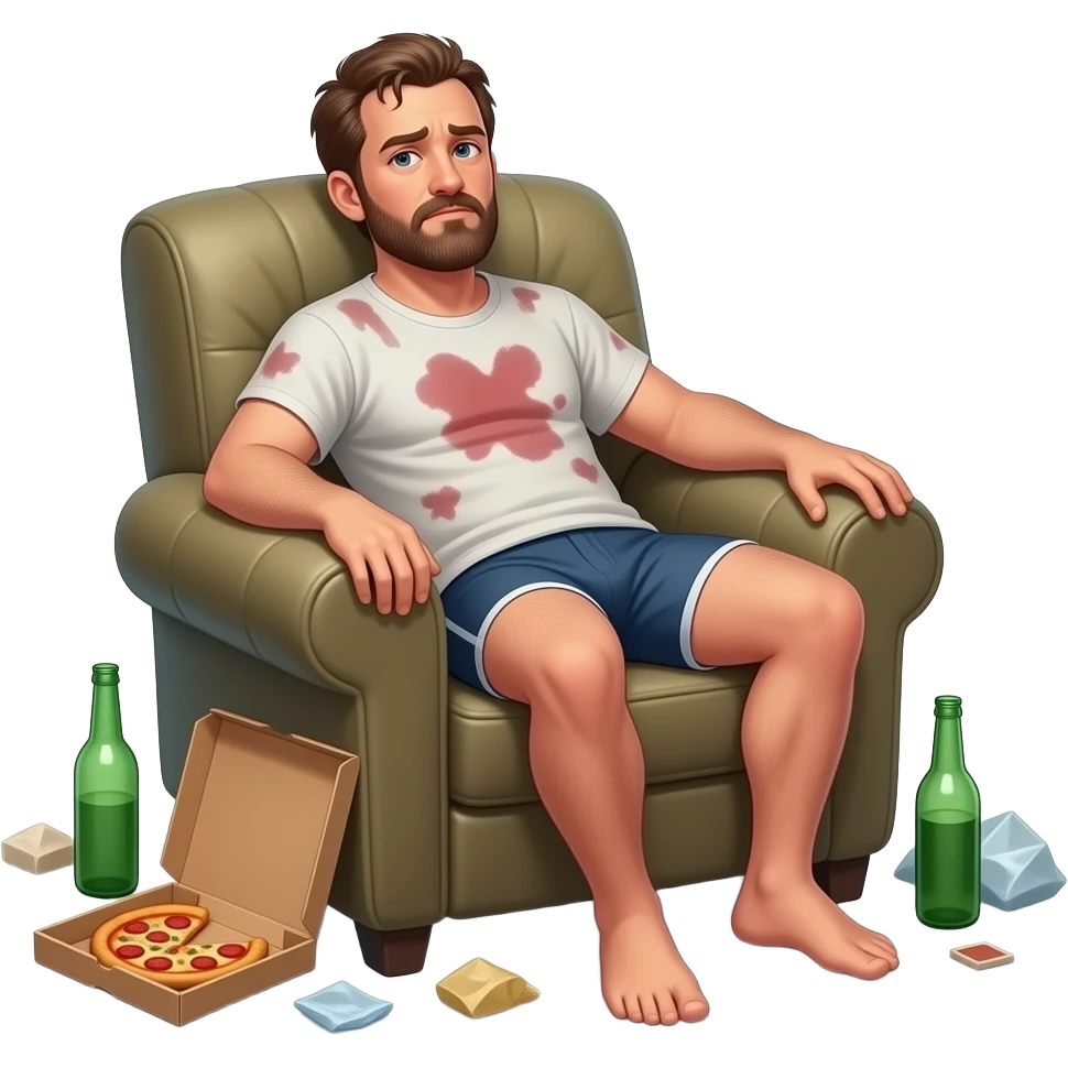 Erstelle ein emoji von einem ungepflegten Mann im schmutzigen Tang-Top und Unterhose, er sitzt faulenzen im Sessel und um ihn herum liegt Müll, wie eine Pizzaschachtel und leere Flaschen emoji