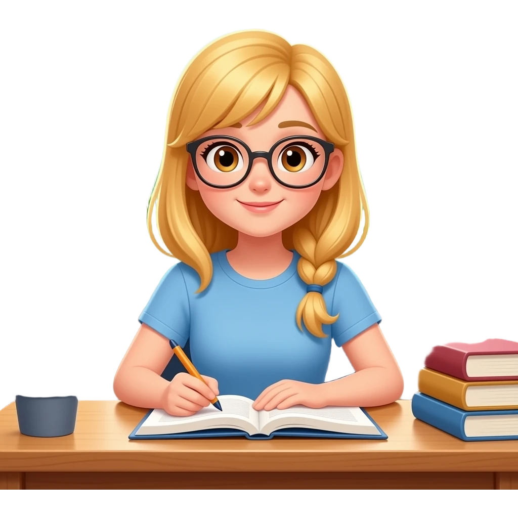 chica rubia con gafas de ojos marron estudiando, de fondo sentada en la biblioteca que no sea blanco emoji