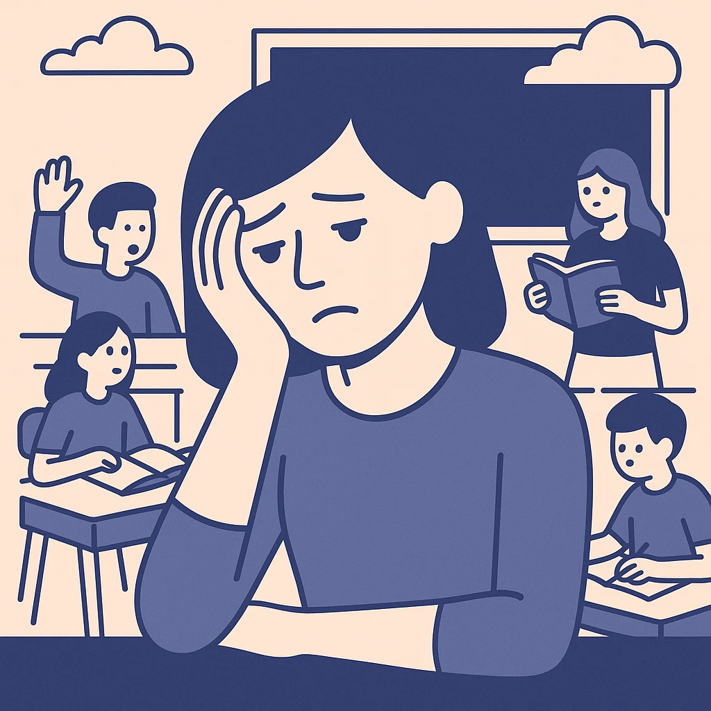exhausted teacher in a bustling classroom emoji