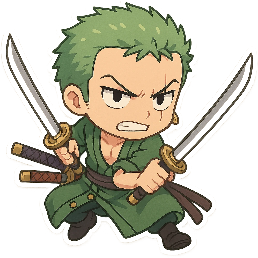 Zoro from One Piece in chibi cartoon style, action pose, swords drawn, determined face emoji