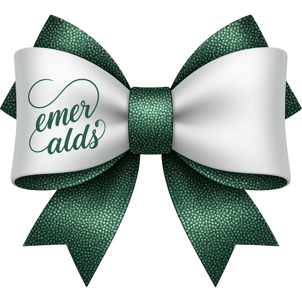 use this bow in white with sparkly dark emerald green and add the words emer alds in calligraphy on the left emoji