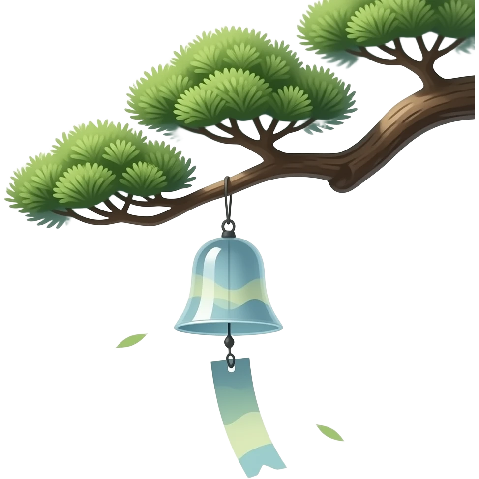 "A Japanese furin wind chime hanging from a bonsai tree branch. A single rectangular paper strip is attached below, moving softly with the wind. The paper changes color randomly each time. Minimalist scene, soft natural lighting, calm atmosphere, Japanese aesthetic." emoji