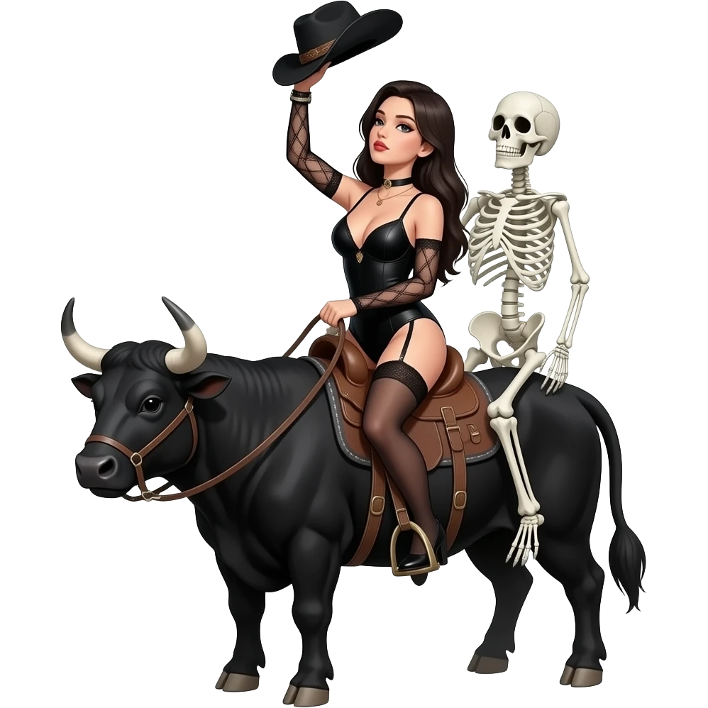 Sexy gothic female with black lingerie holdin a black  cowboy hat up in the air with one arm and holdin onto a skeleton bull with other arm, her head rilted back riding the bull. Seductive. Realistic. Fantasy emoji