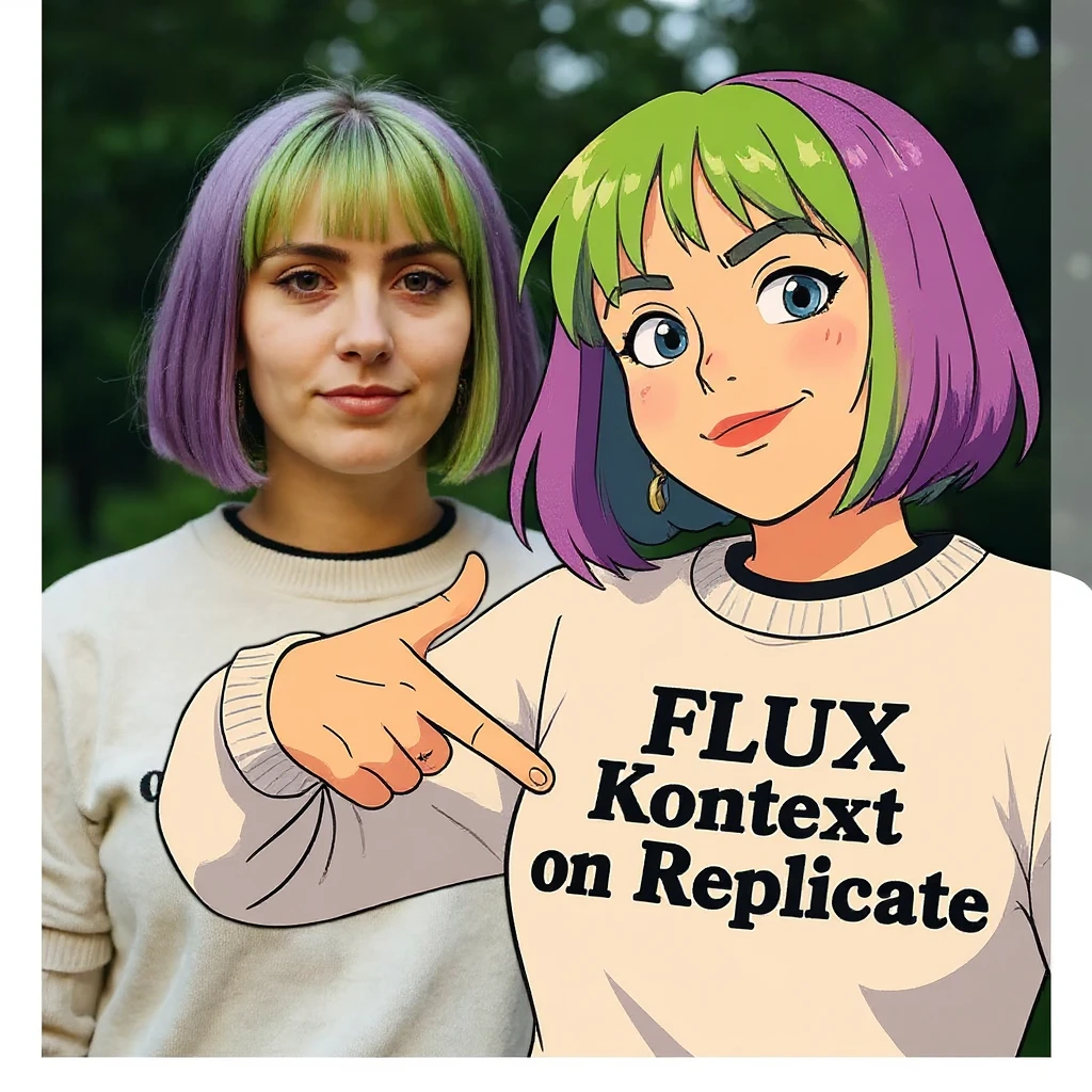 make a image of a girl with a anime version of that girl beside her wearing tshirt with text of "FLUX Kontext" emoji
