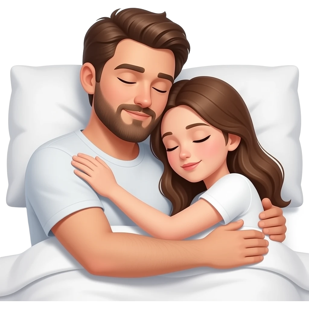 Realistic white man brown hair with beard hugging while sleeping in bed with white girl brown hair emoji