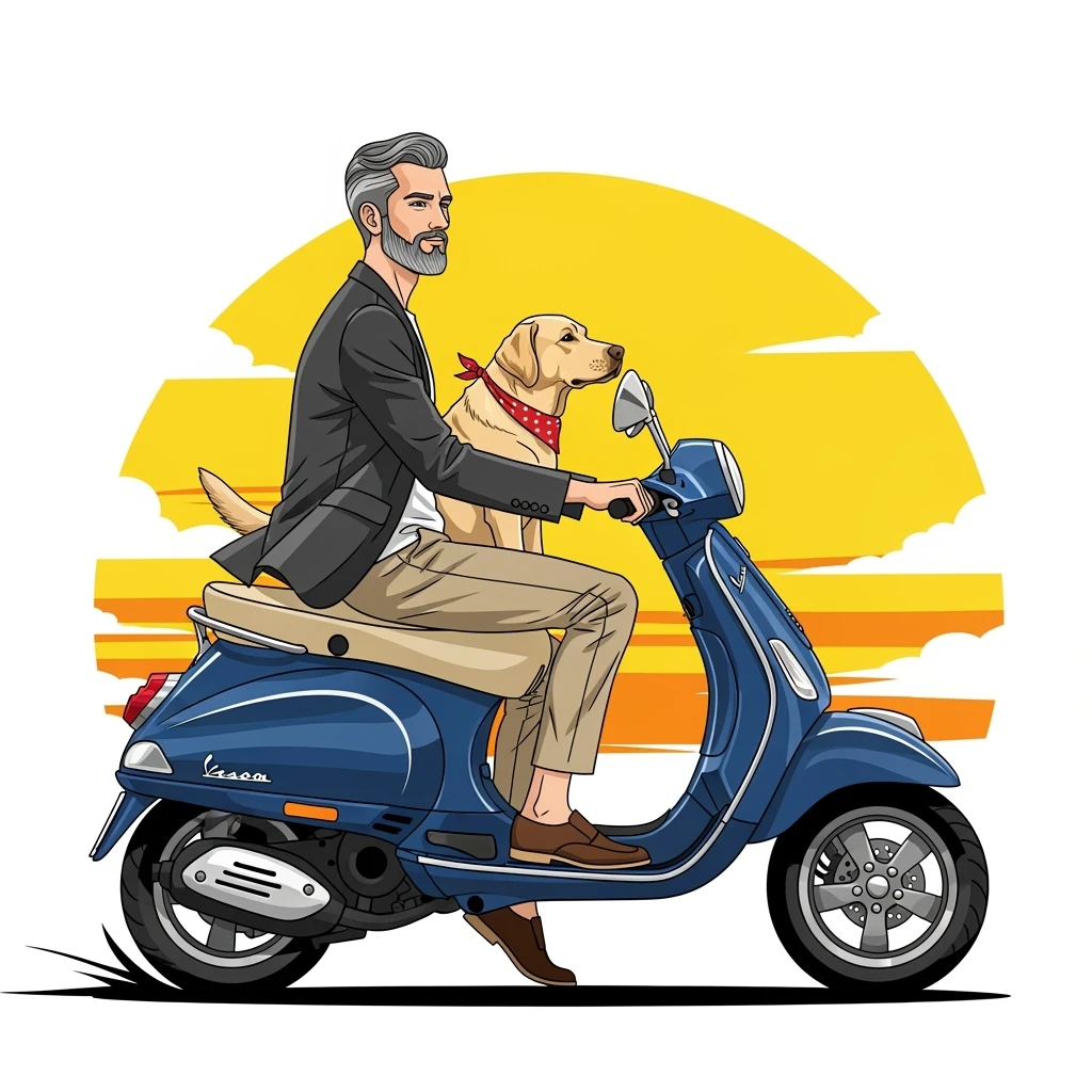 vector art of a man and his pet dog riding a vespa, for website design emoji