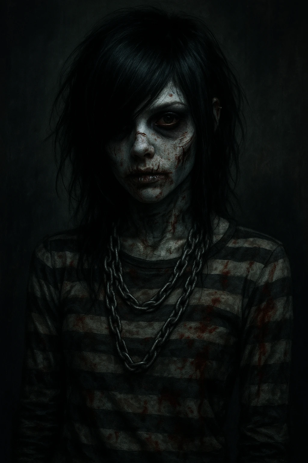 emo zombie girl, black hair, striped shirt, chains, pale skin, dark eyes, subtle blood stains emoji