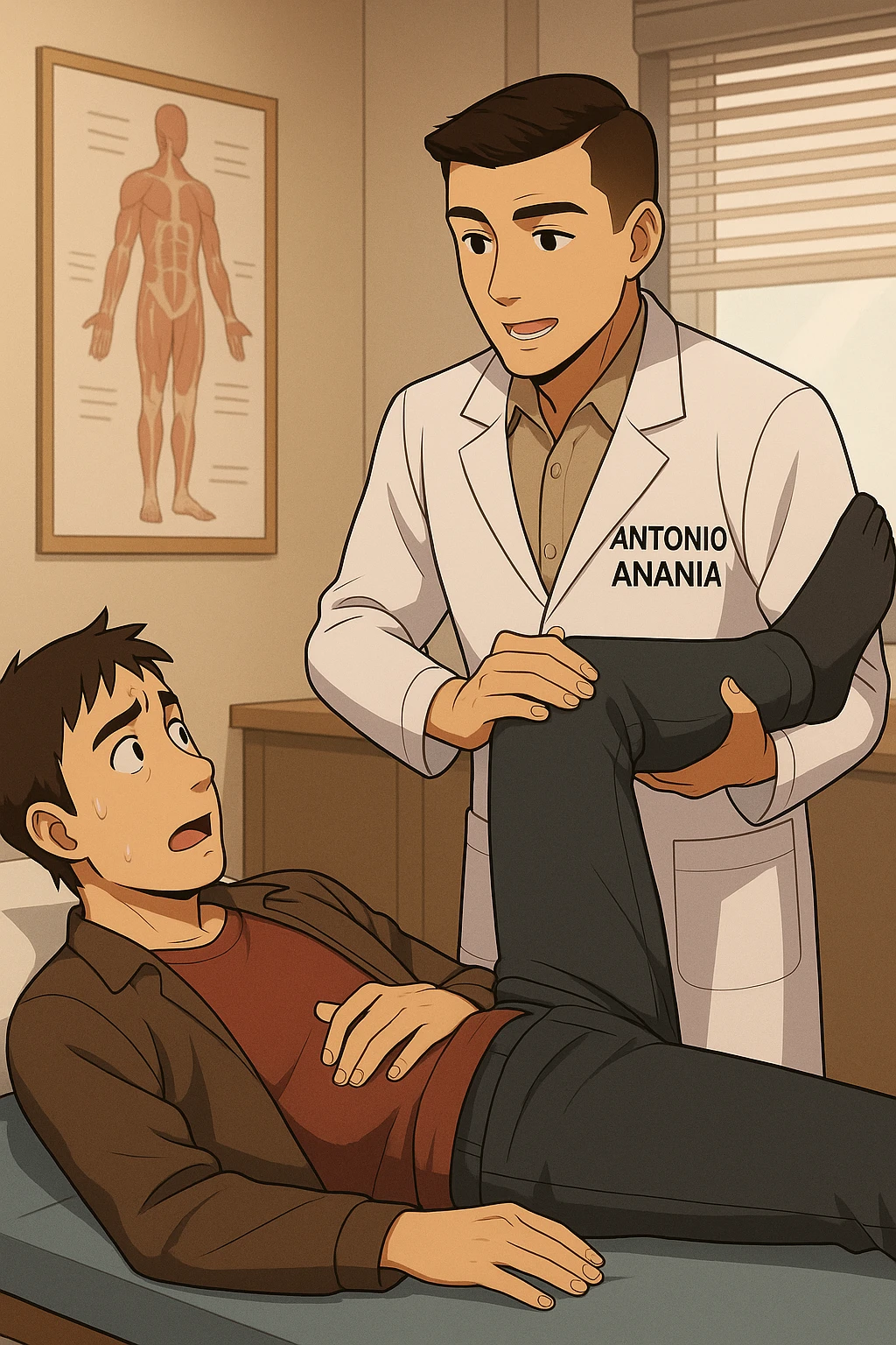 fai un webtoon manga a colori con questo stile, in cui un uomo è steso sul lettino medico e il kinesiologo con il camice bianco (fagli anche la scritta "ANTONIO ANANIA" SUL CAMICE, gli solleva una gamba per fargli il test neuromuscolare, IL KINESIOLOGO SPIEGA ALL'UOMO UNA cosa mentre gli alza la gamba. non fare i fumetti però, fai solo in modo che sembri stiano parlando emoji