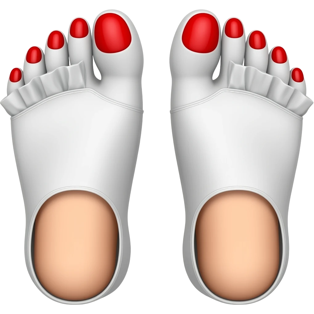 White toes with red toenails stick out of tip front of clown shoes emoji