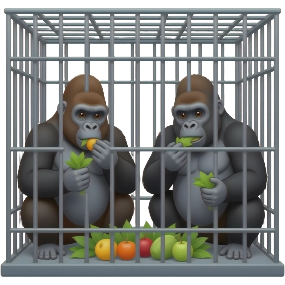 Cartoon 2 gorilas eating  plants and fruit in a cage emoji