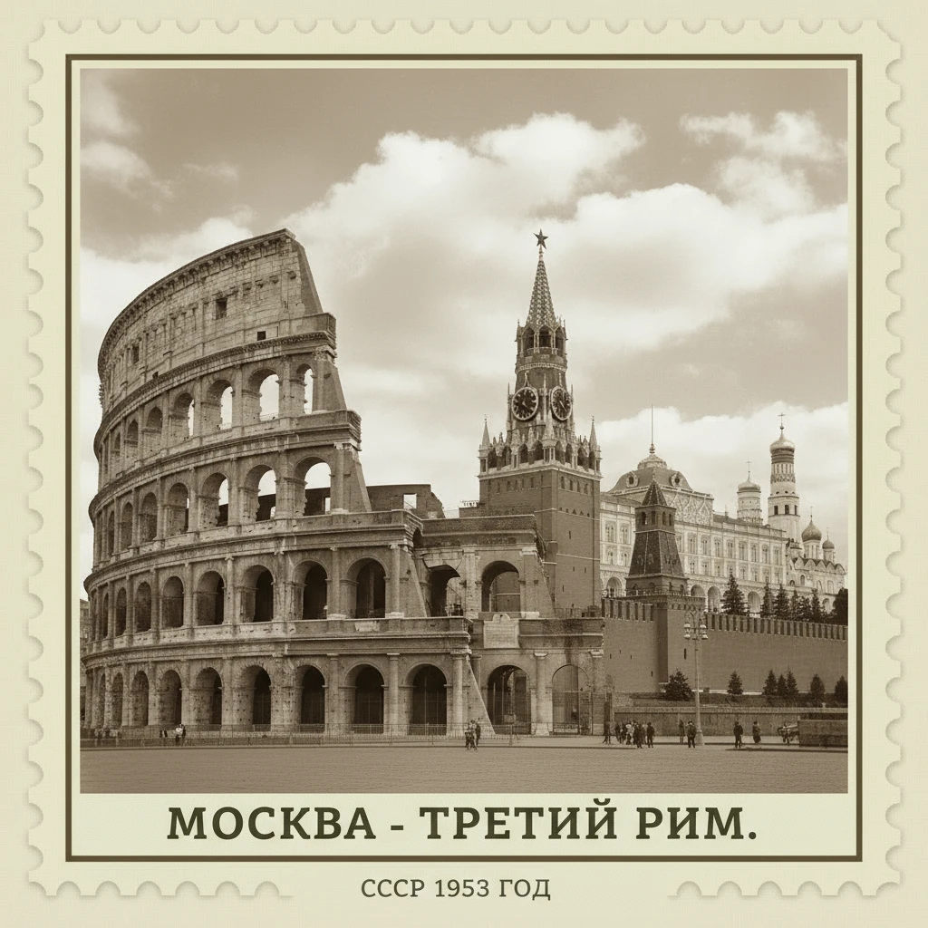 Римский Колизей рядом с московским Кремлем

Подпись: Москва - третий Рим. СССР 1953 год

Стилизуй изображение под марку как на фото emoji