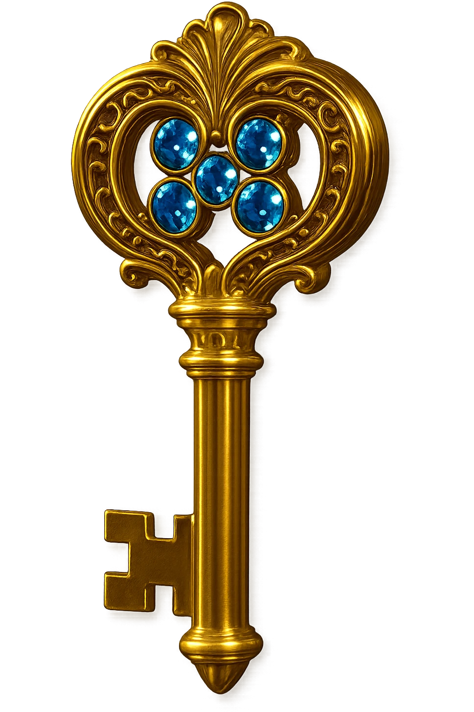 Add shiny blue diamonds to the classic skeleton key in gold, keep the background transparent. emoji