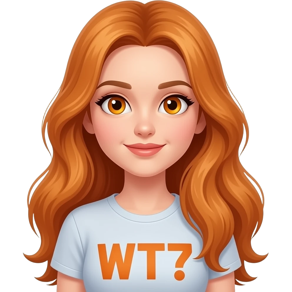 sexy girl with overlong ginger hair and ginger eyes a top with WTF written on it emoji