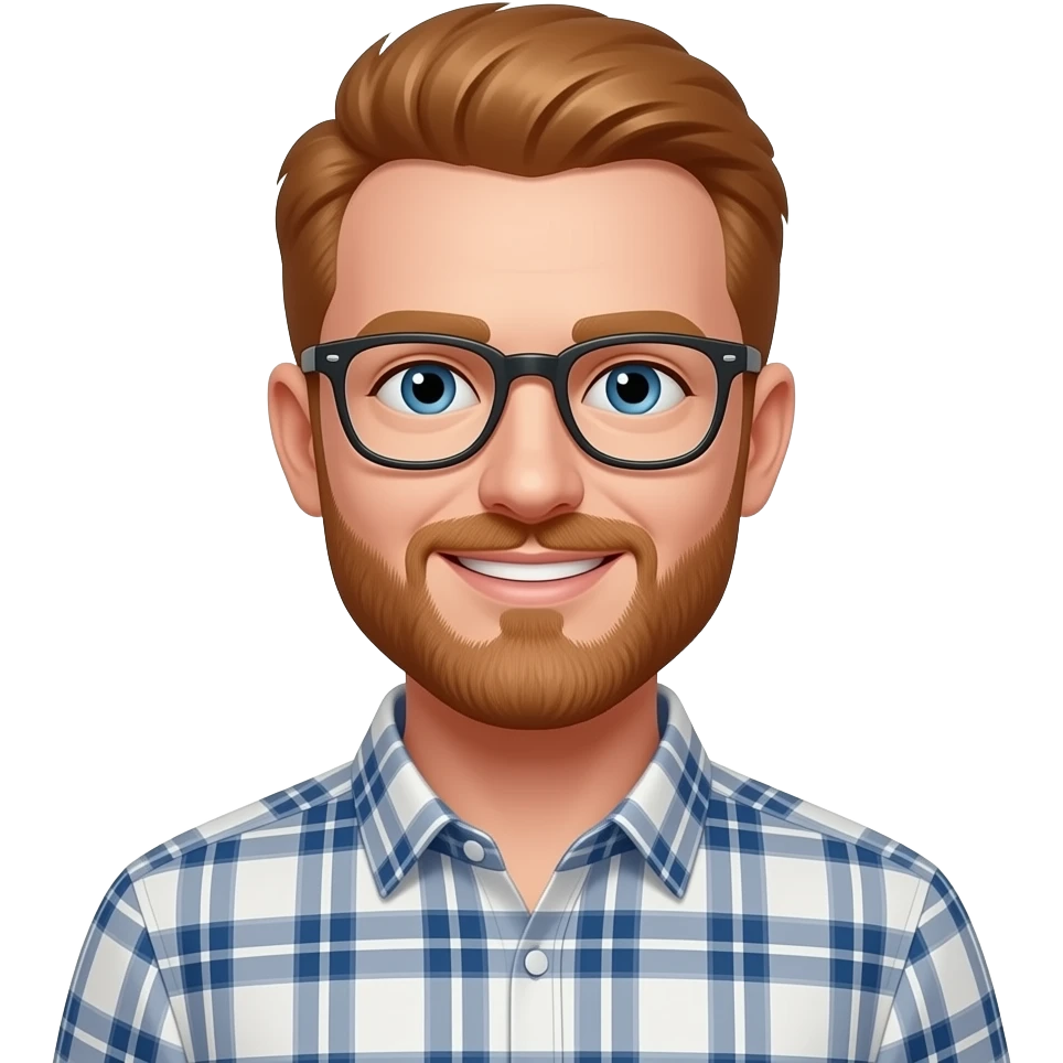white man with short ginger hair. blue eyes. beard. glasses. smiling. wearing a plaid collared shirt. emoji