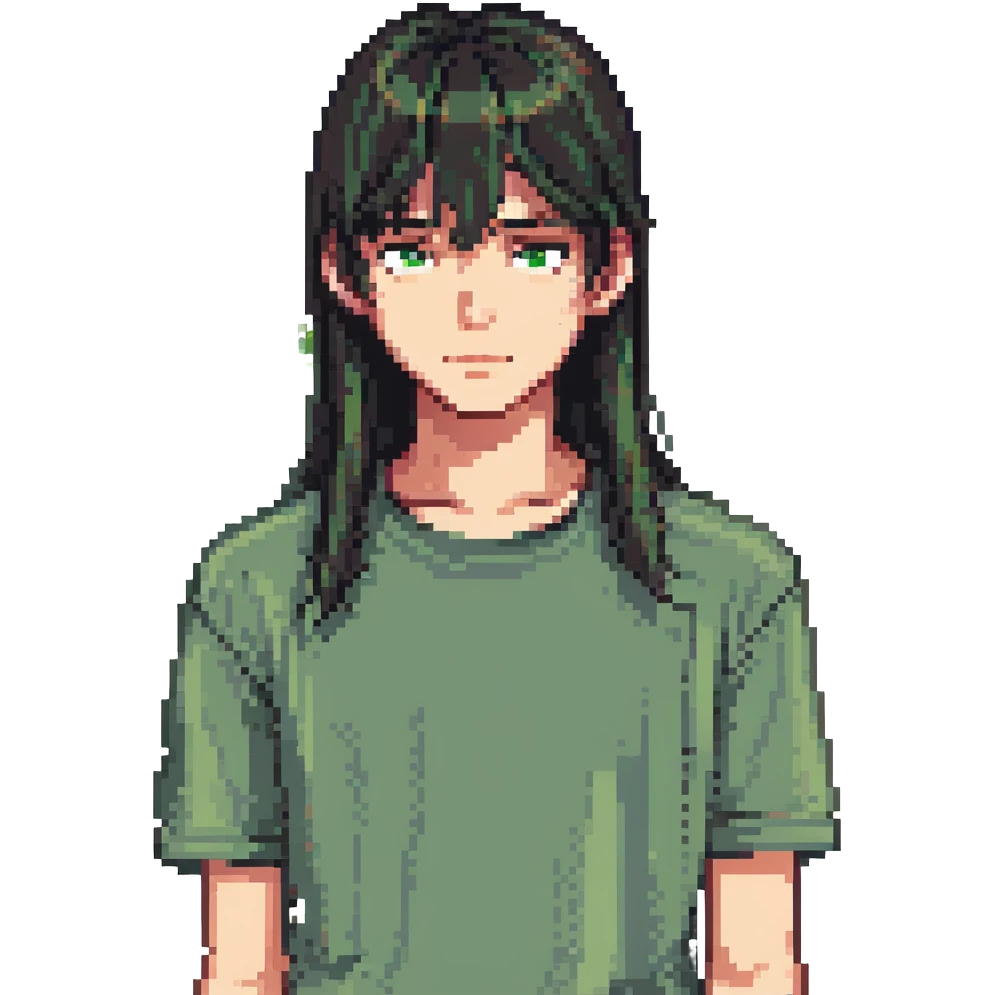 A boy with straight bangs covering his eyebrows, long hair at the back, black eyes, and brownish-black hair, wearing a green shirt the color of brilliant green antiseptic. emoji