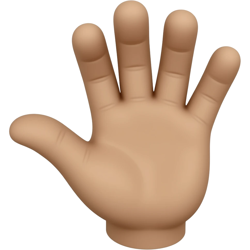 Brown hand, palm facing up, fingers loosely spread and slightly curled, thumb extended left, questioning “what?” gesture. Emoji style, white background. emoji