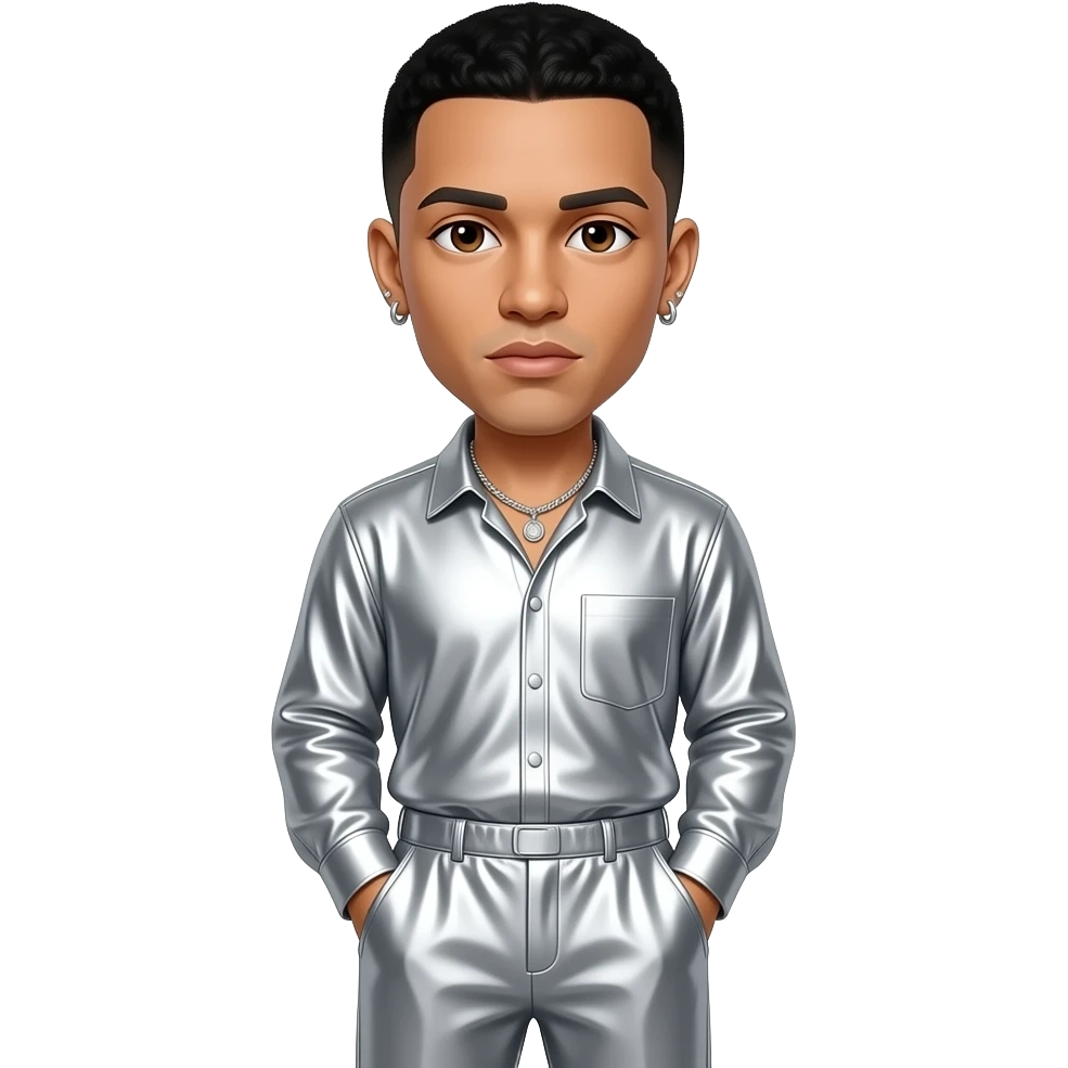 Bad Bunny with brown eyes, black hair, silver metallic shirt, silver metallic baggy pants, silver necklace and earrings emoji