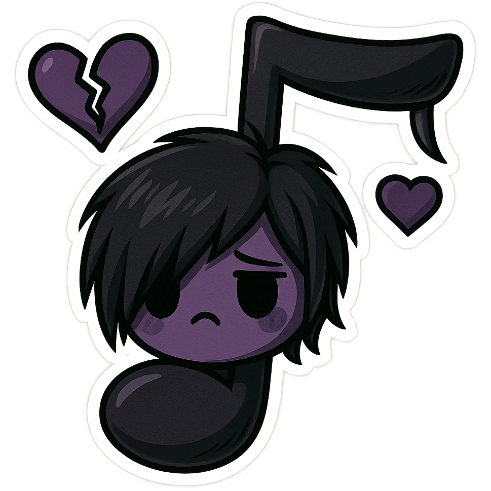 Edit the emo-style music note with black and purple colors, moody atmosphere, remove background and keep it transparent in chibi stickers style. emoji