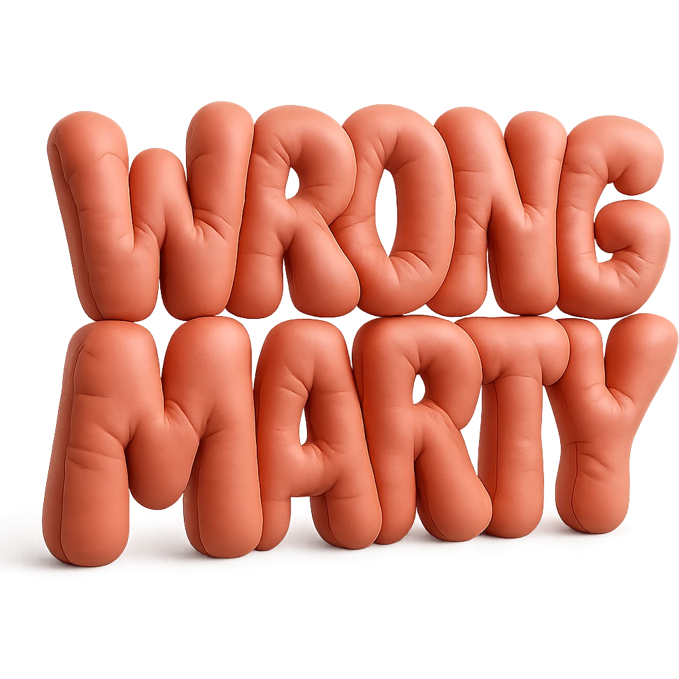 'Wrong Marty' flashy 3D text, soft and puffy cushion style emoji