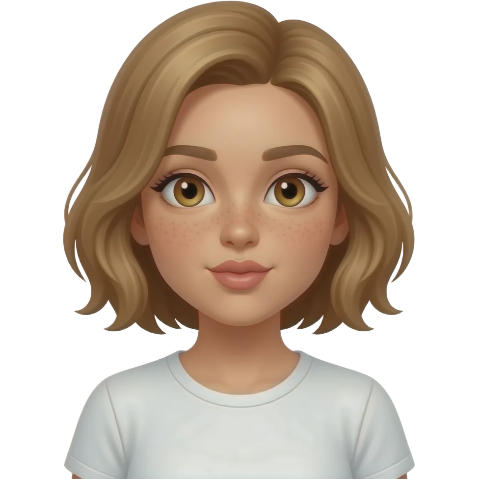 Diva with short golden brown hair. Mid tan. Hazel eyes and blowing a kiss. White t-shirt. Slight dusting of freckles over cheeks emoji