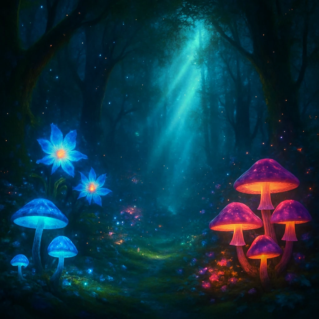 a mystical forest with glowing plants and magical atmosphere emoji