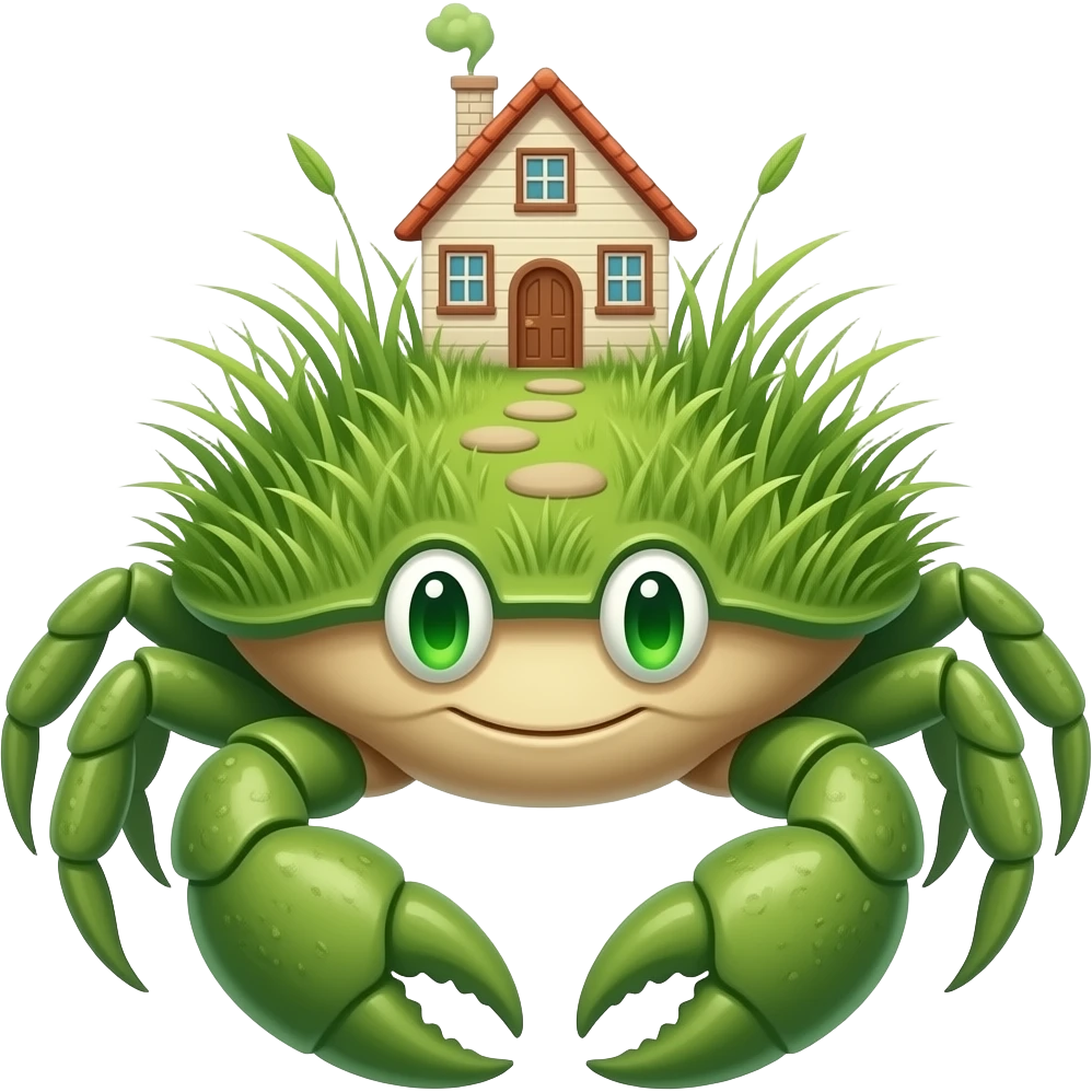 A green crab with grass on it and also with green growing eyes and with at your house on its back emoji