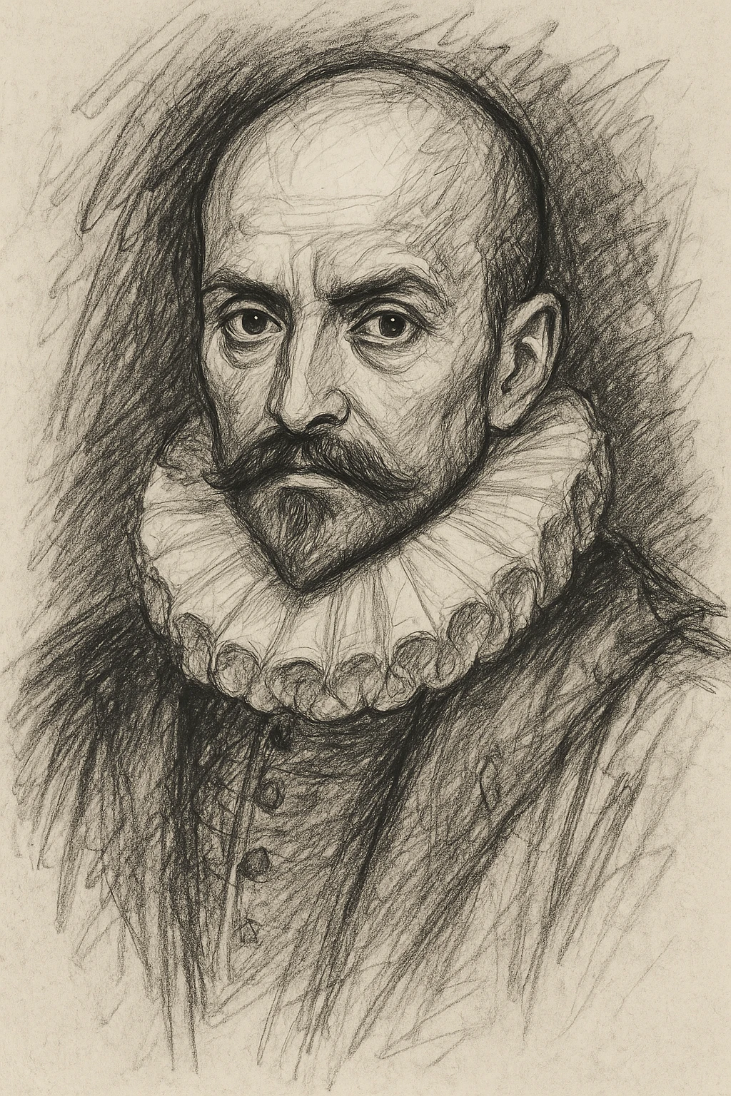 a hand drawn black outline portrait of philosopher Montaigne with similar-sized eyes based a famous portrait of him emoji