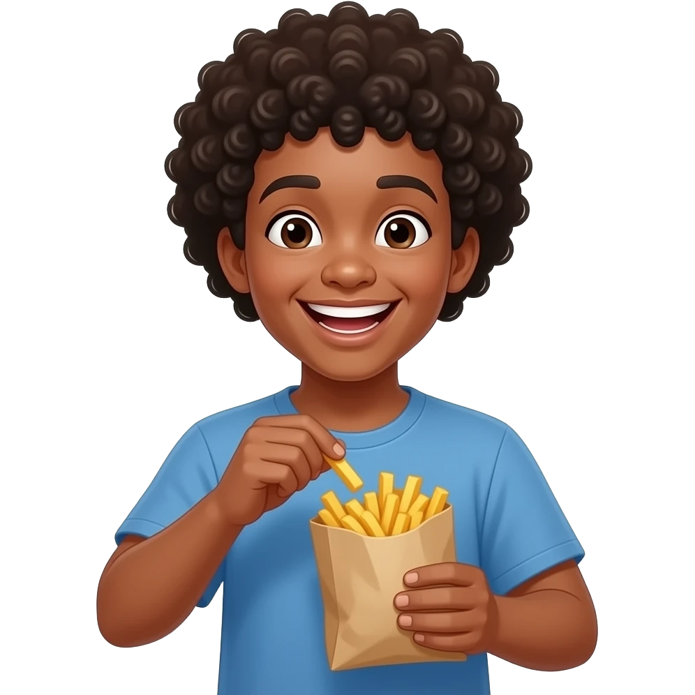 Black emoji teen with Afro laughing while putting the fries in the bag emoji