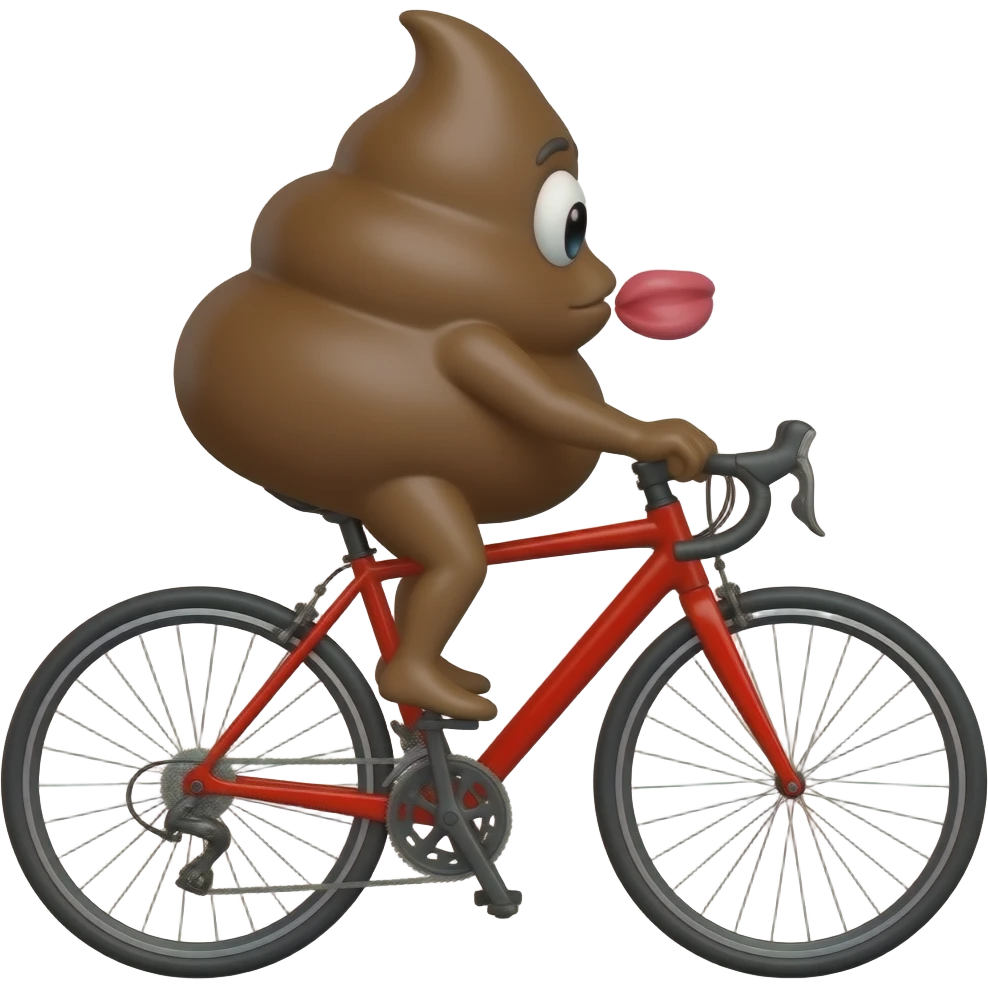 Une crotte qui fait du vélo rouge et qui envoie un bisous emoji