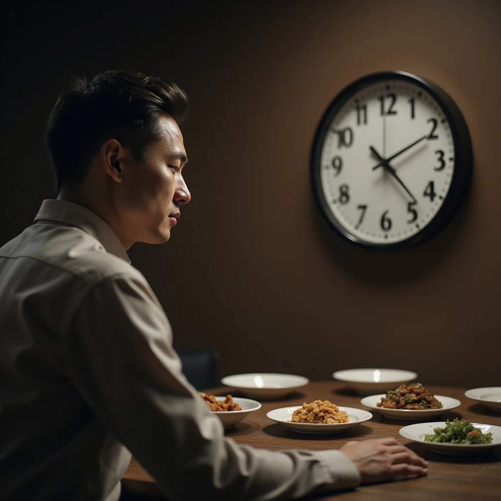 Hyperrealistic 4K image of a man looking at a wall clock showing 23 hours, table set but without food, calm and meditative expression, Zen atmosphere, detailed facial features reference. emoji