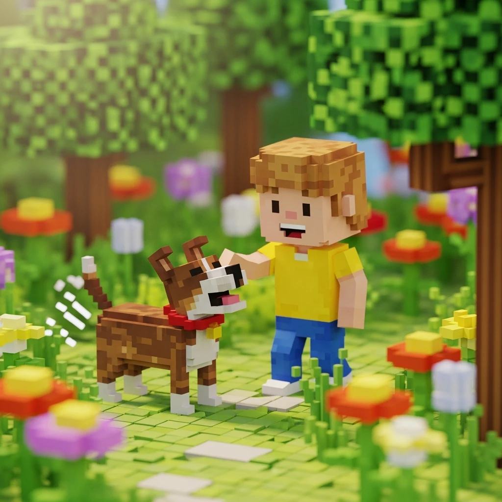 kid and his pet dog in 3d voxel style  emoji