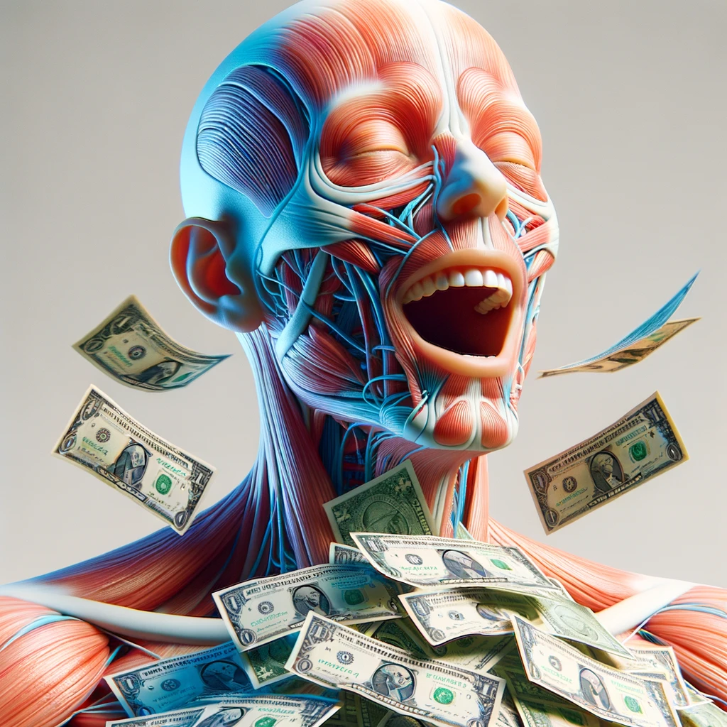corpo umano anatomico sereno e felice con una montagna di banconote davanti al viso, espressione stupita, iperrealistica 4k, isolato su sfondo bianco emoji