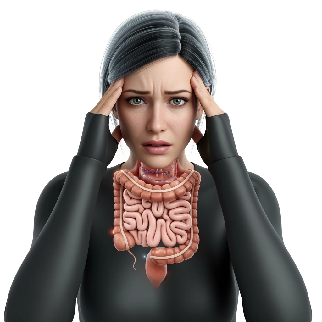 DONNA ANSIOSA CON INTESTINO UMANO ANATOMICO REALISTICO VISIBILE, SI TIENE LE MANI SULLE TEMPIE, iperrealistico 4k, SFONDO BIANCO emoji