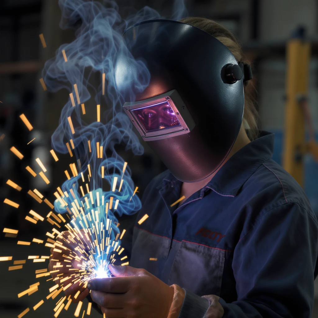 female welder, realistic style, welding helmet, sparks, work uniform emoji