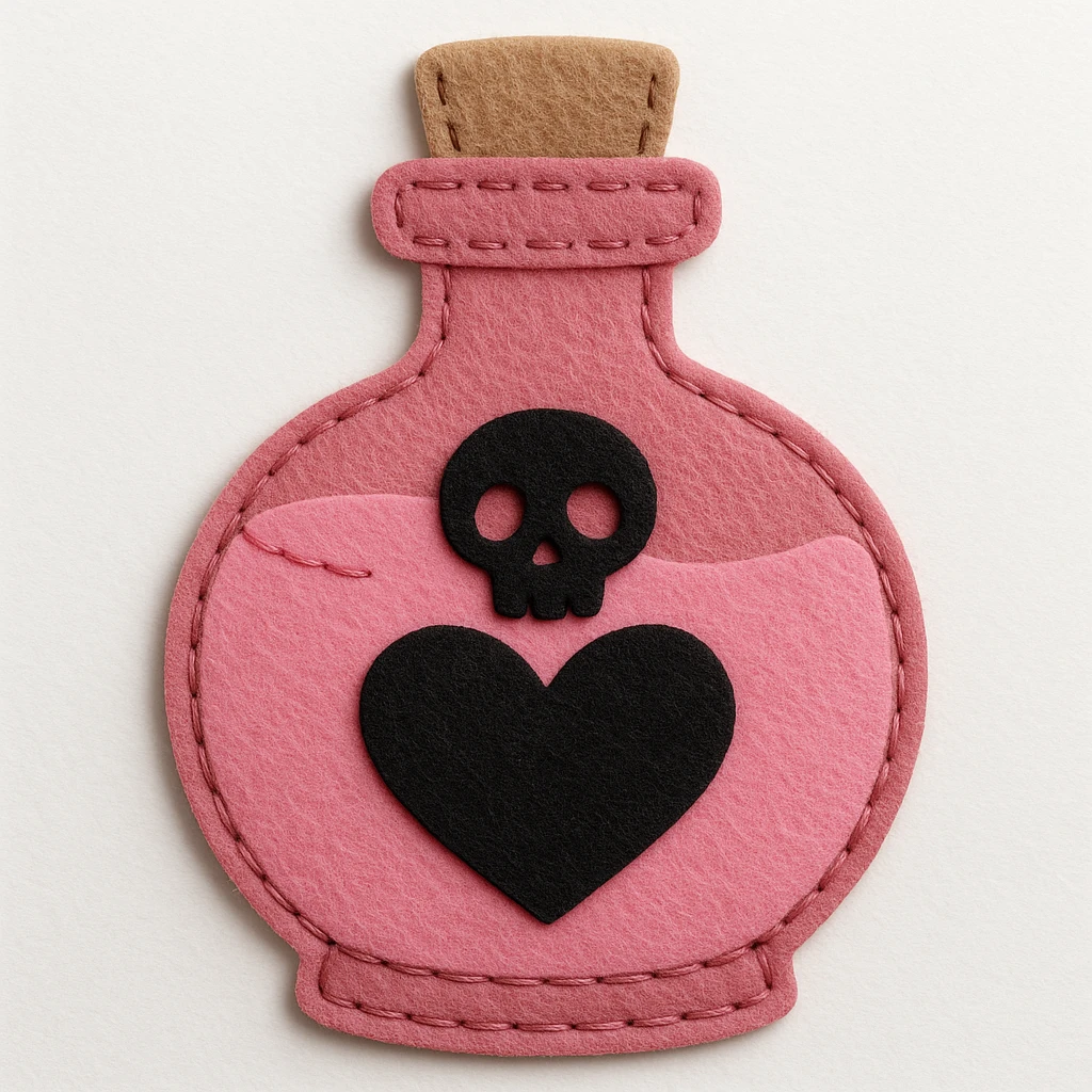pink goth potion bottle, felt patch style, soft and gothic emoji