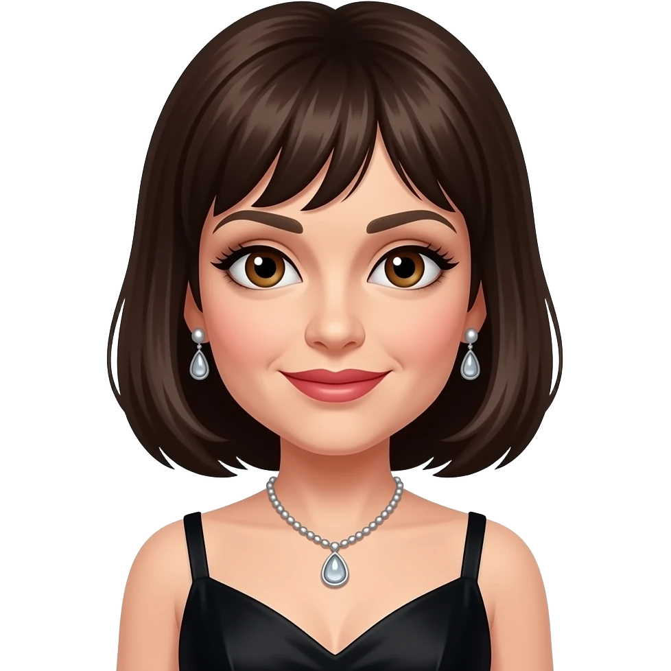 Liza Minnelli with brown eyes, dark brown hair, black hollywood dress, necklace and earrings emoji