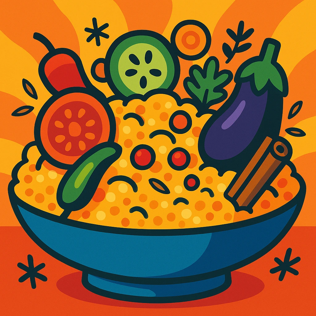 Moroccan curvy couscous, colorful, appetizing, food illustration emoji