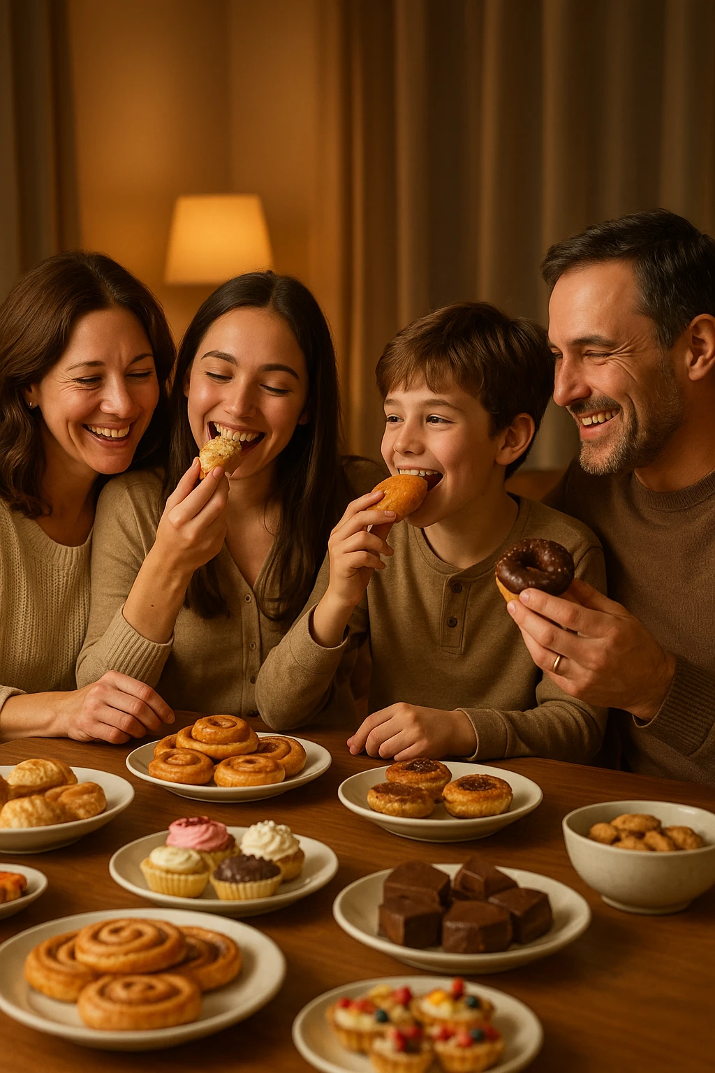 famiglia unita che dà amore e riceve amore e mangiano insieme dolci felici. realistiche emoji