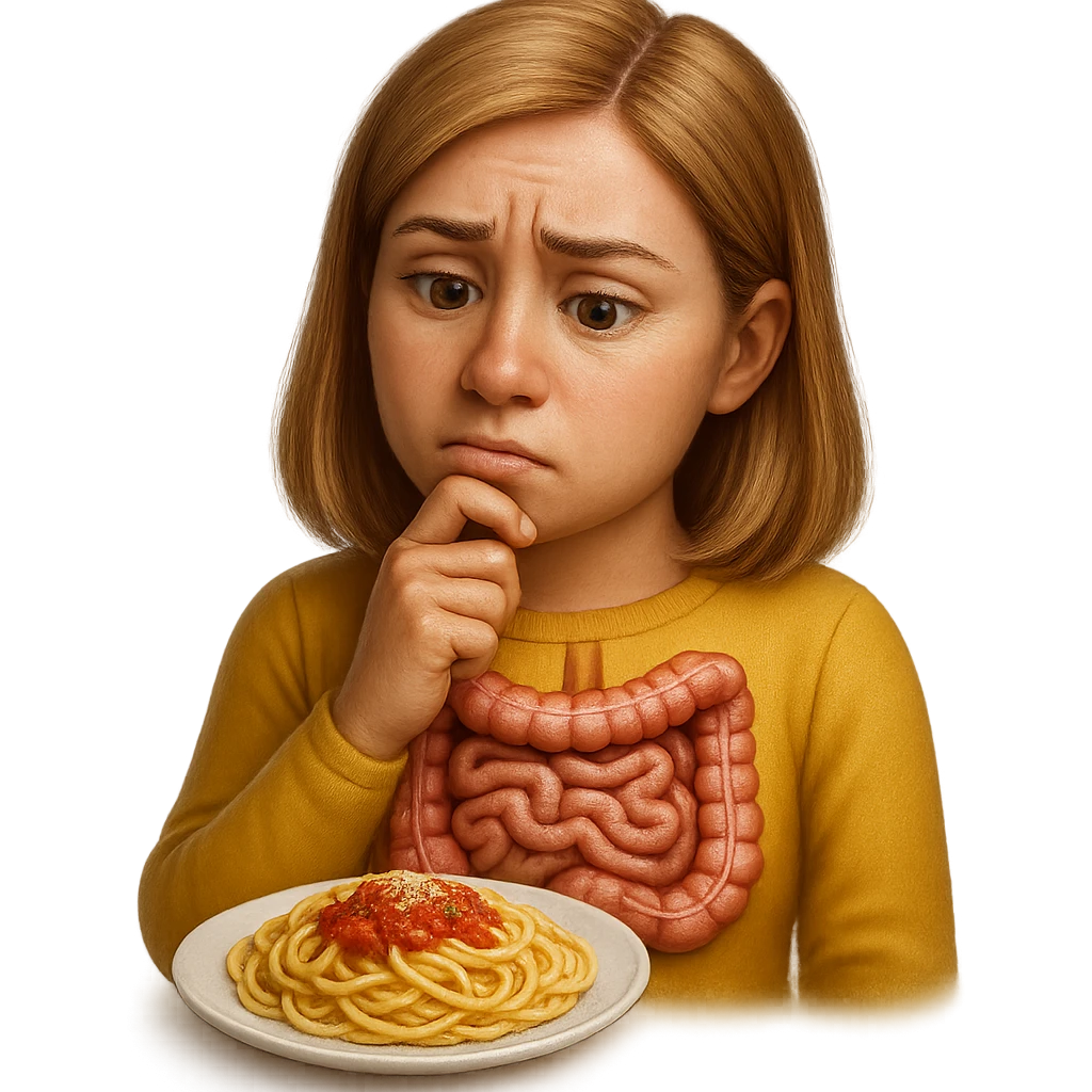 donna che guarda pensierosa con intestino in evidenza un piatto di pasta, stile emoji iphone, iperrealistico 4k emoji