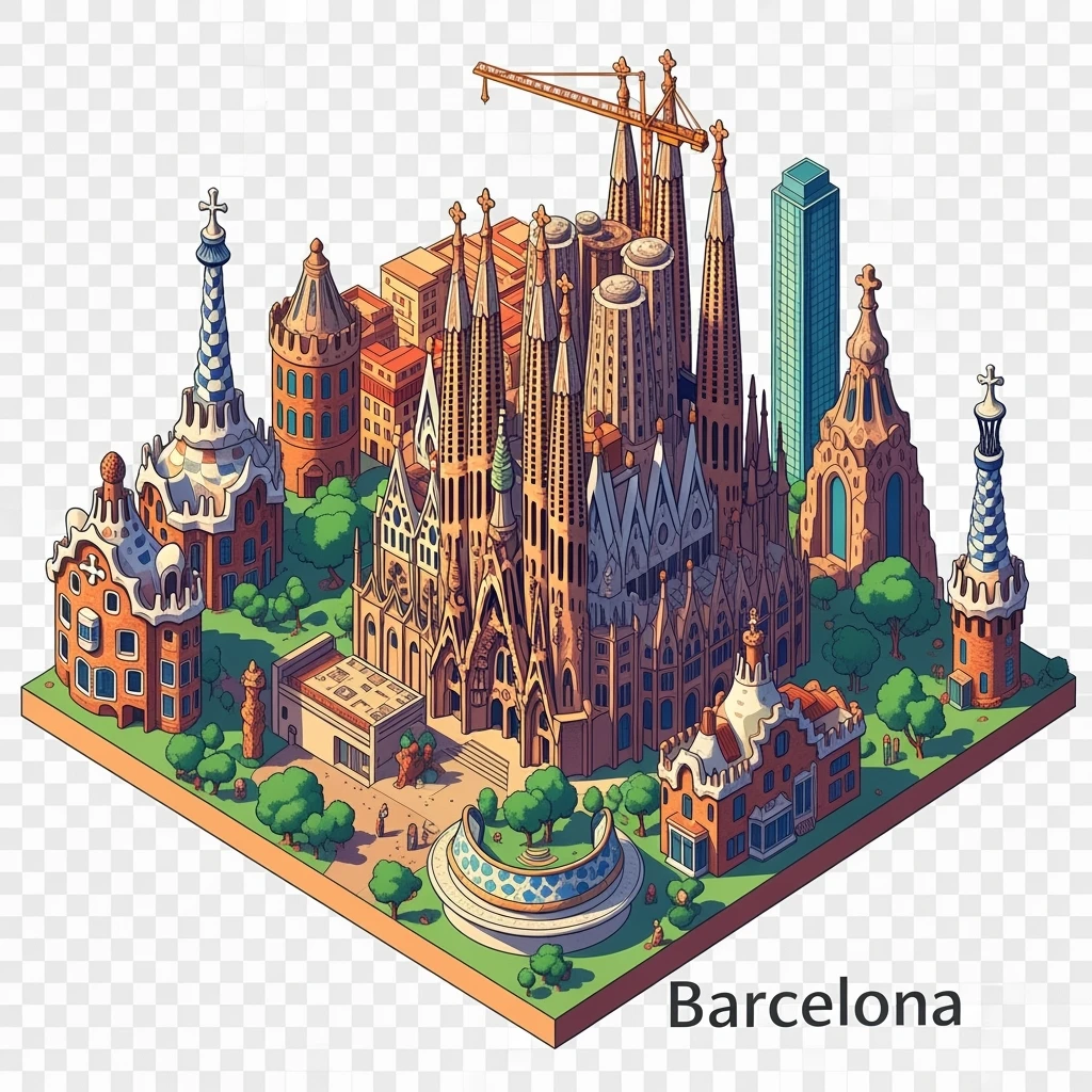 Isometric illustration of Barcelona, featuring Sagrada Familia with intricate spires, highly detailed in semi-realistic style with sharp outlines, balanced between stylized and realistic, 3D miniature effect, transparent background. emoji
