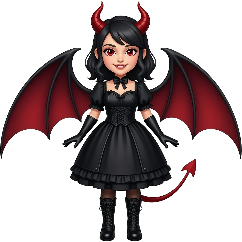 Phoebe with red eyes as dracula with dress gloves boots sharp teeth red horns emoji