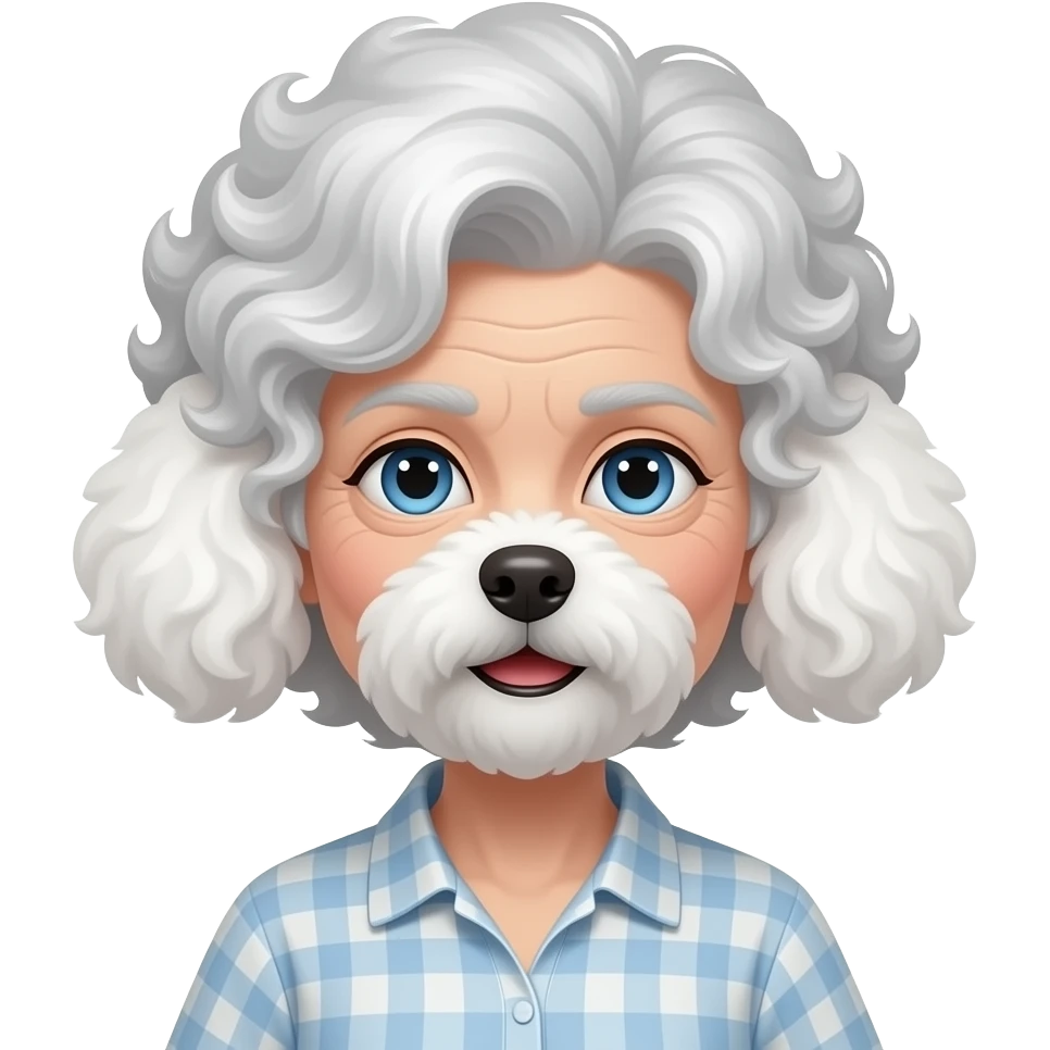 Elder woman curly hair blue eyes with white Maltipoo emoji