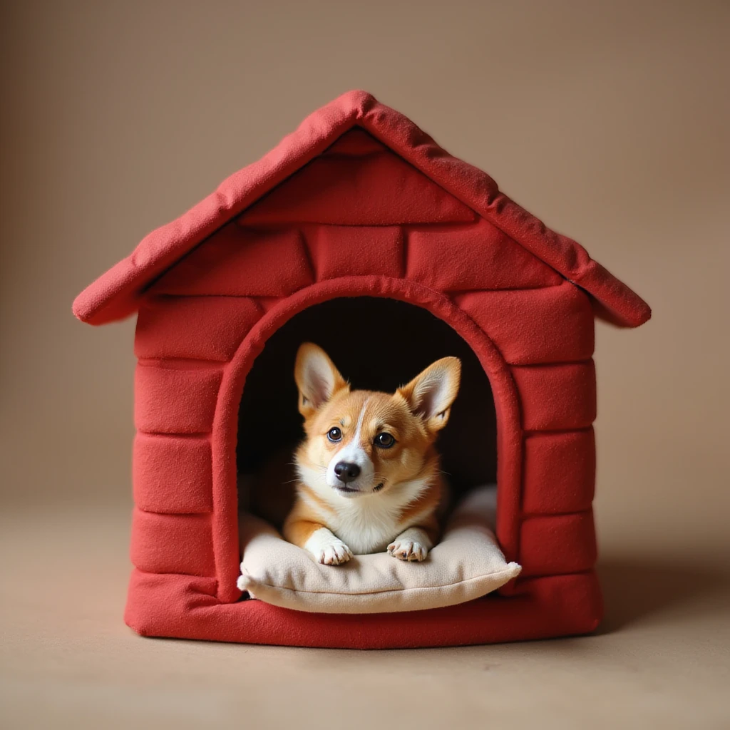 realistic red dog house with a Corgi dog inside, Corgi with a pillow, photorealistic style emoji
